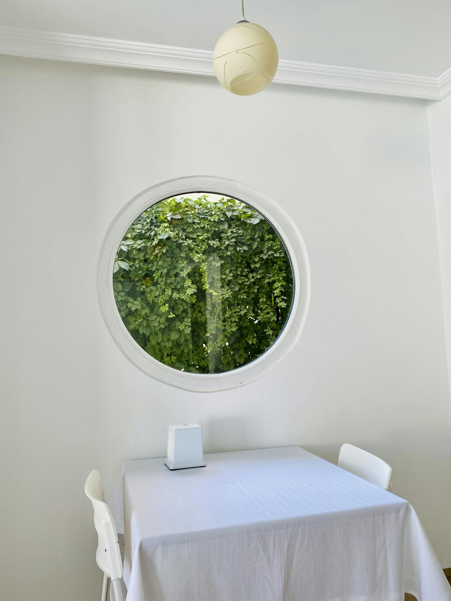Light-filled dining area with a round window showcasing lush greenery outside.